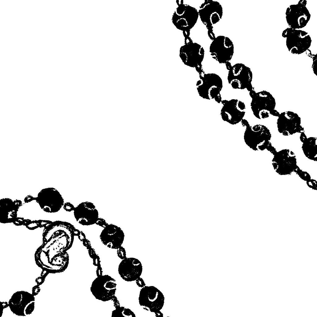 Black and white abstracted depiction of a rosary.