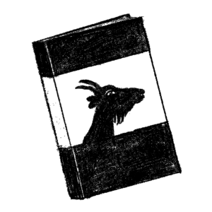 Black and white illustration of a book with the profile of the head of a goat with horns on the cover.