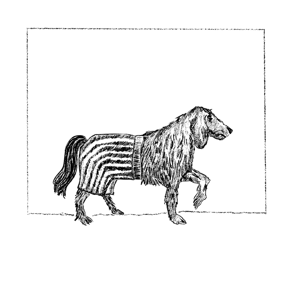 A black and white illustration of a dog wearing striped pants.