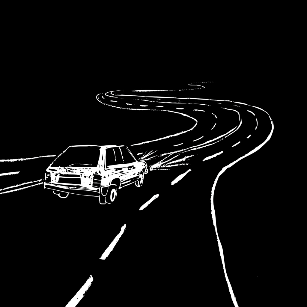 Black and white illustration of a boxy station wagon with its headlights on driving away from the viewer on a long road that turns and disappears into the horizon.
