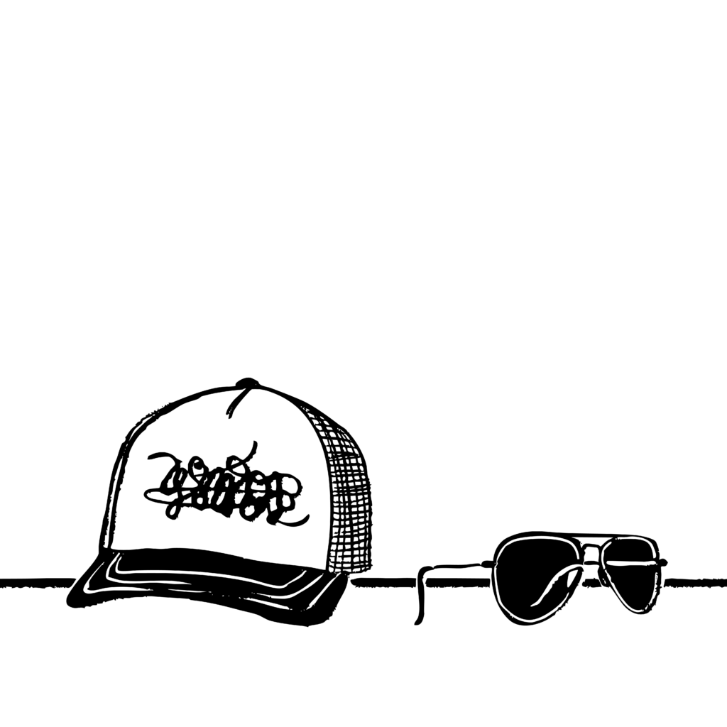 Black and white illustration of an early-2000s-style trucker hat and aviator sunglasses.