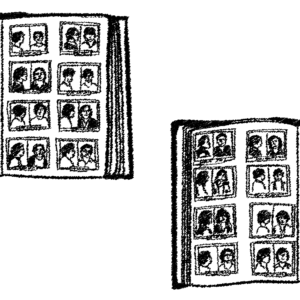 A black and white illustration of a so-called "mug book" split into two parts. The book consists of pasted in photographs of mug shots.