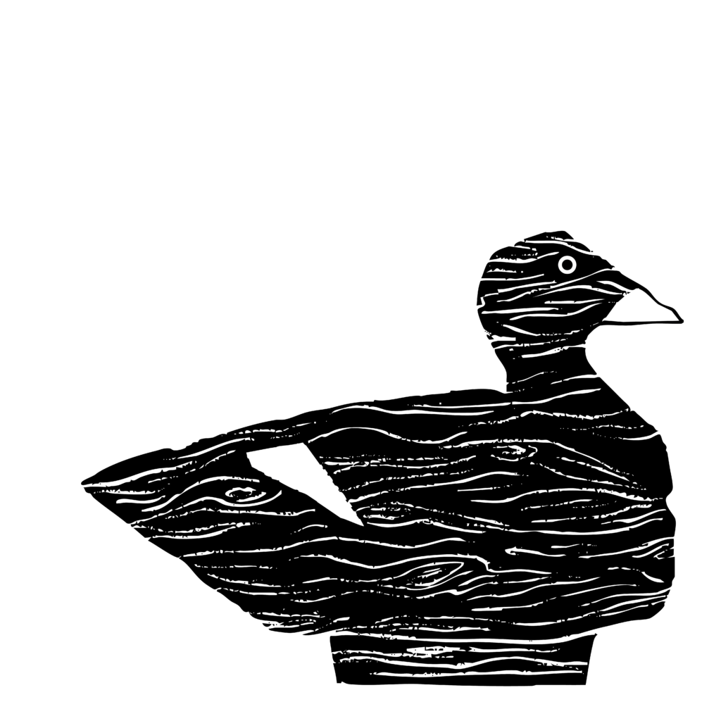 Black and white illustration of a duck decoy used for hunting.