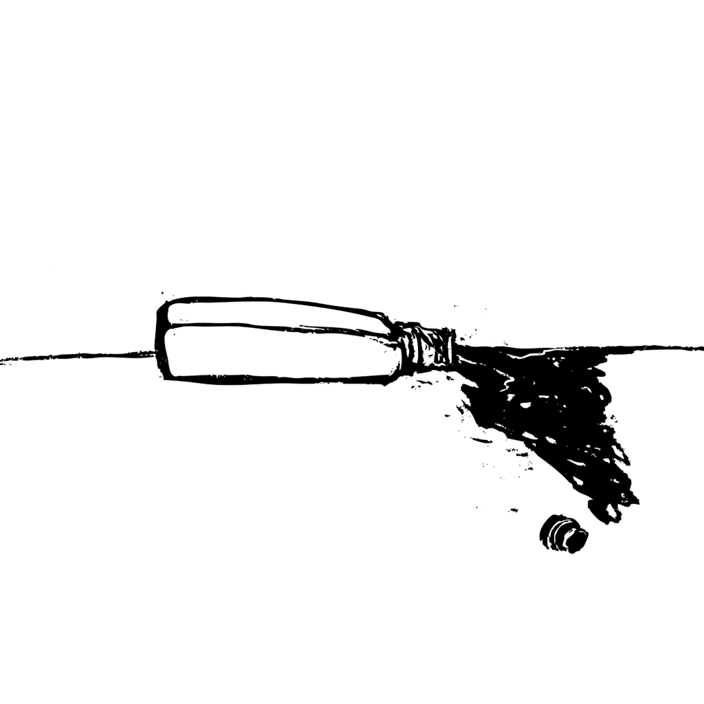 Black and white illustration of an old-fashioned bottle lying on its side with a black liquid spilling out.