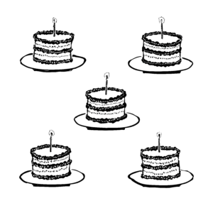 Black and white illustration of five round frosted birthday cakes on plates, each with a single candle on top.