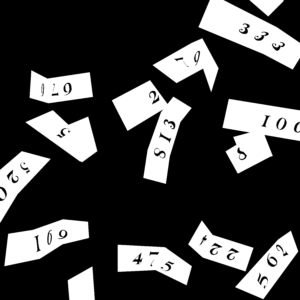 Black and white illustration of many white pieces of paper with three-digit numbers on them floating through the air.