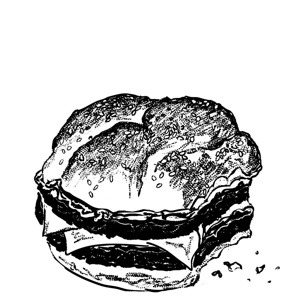Black and white illustration of a cheeseburger on a sesame bun, with a small bite taken out of one side.