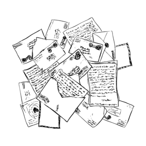 A black and white illustration of a pile of letters and envelopes, some of which are opened.