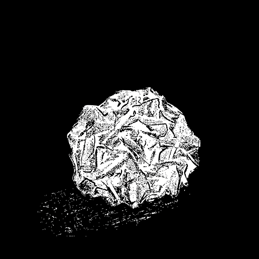 Black and white illustration of a crumpled up ball of paper.