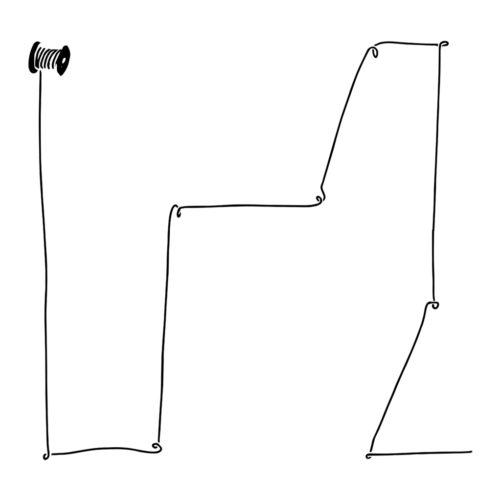 Black and white illustration of a spool unspooling wire which is twisted and kinked in spots