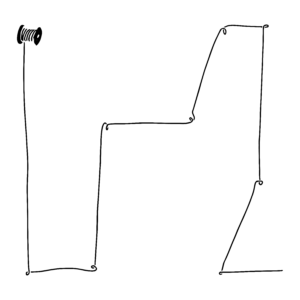 Black and white illustration of a spool unspooling wire which is twisted and kinked in spots