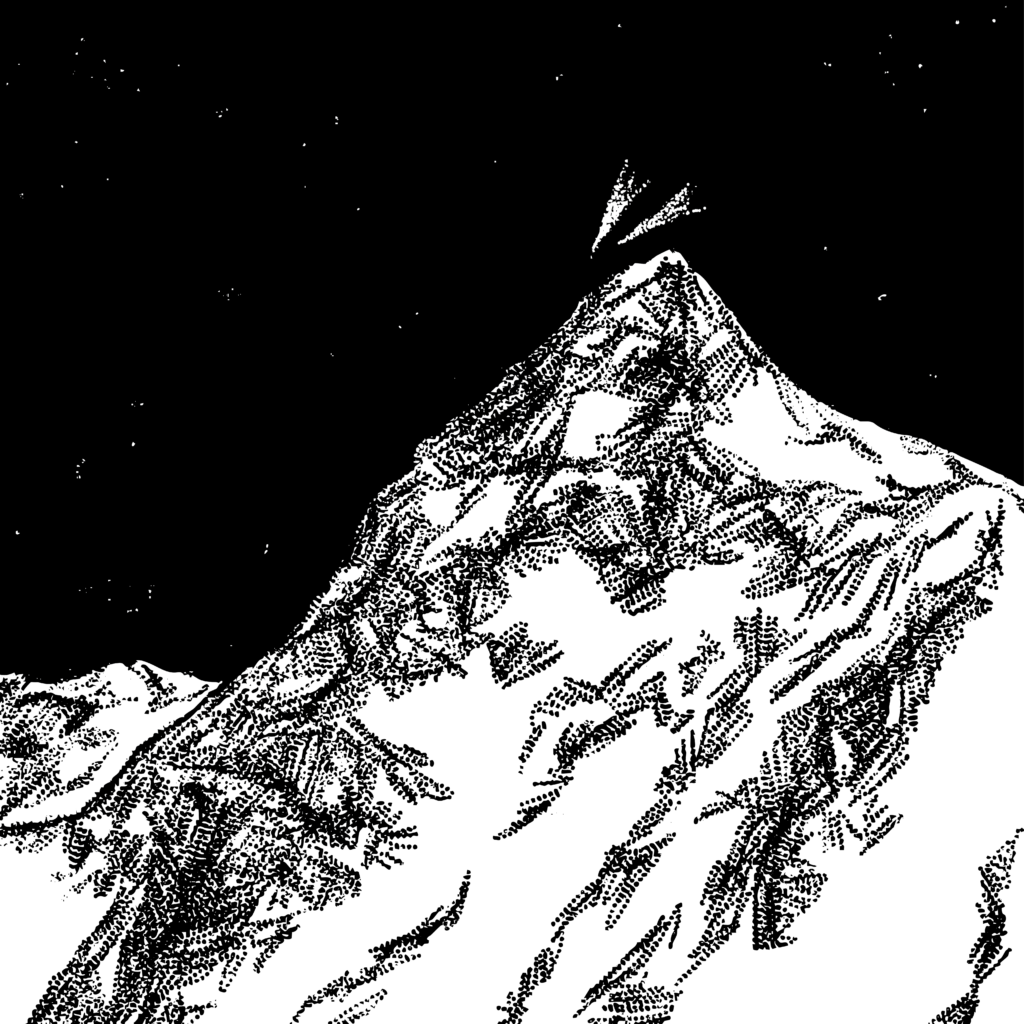 Black and white drawing of a mountain peak with snow, and two small beams of light shining into the dark sky near the summit.