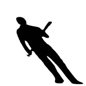 A black shadow of a man holding a stick on a white background.