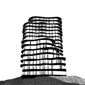 Black and white illustration of a building with irregular curving floors.