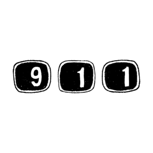 Black and white digital illustration of three oblong phone buttons spelling '911.'