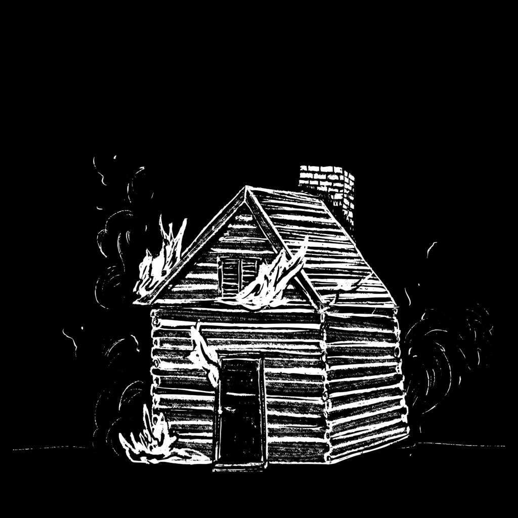 Black and white illustration of a log cabin with flames coming out of it.