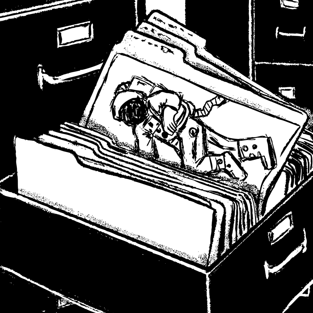 A black and white digital illustration of a filing cabinet with one drawer open. The drawer is full of binders, and one of them is open. Inside is a drawing of an astronaut.