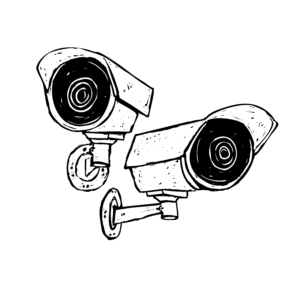 A black and white illustration of two mounted security cameras looking in different directions.