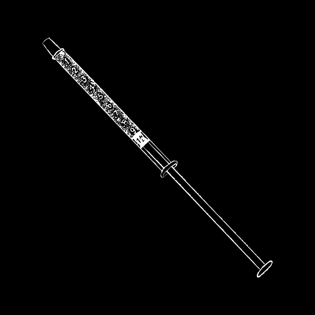 Black and white illustration of a medical oral syringe (the kind that's not a needle) filled with 1 milliliter of fluid.