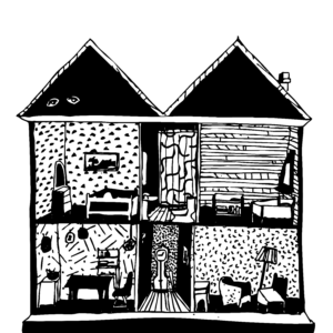 Black and white drawing of a house that is open at the front like a dollhouse. There's two bedrooms, a kitchen, a bathroom, a living room, a hallway, and an attic area that is completely black except for a pair of eyes.
