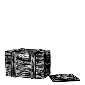 Black and white illustration of a wooden crate with a “fragile” label on it, with the lid lying on the ground beside it.