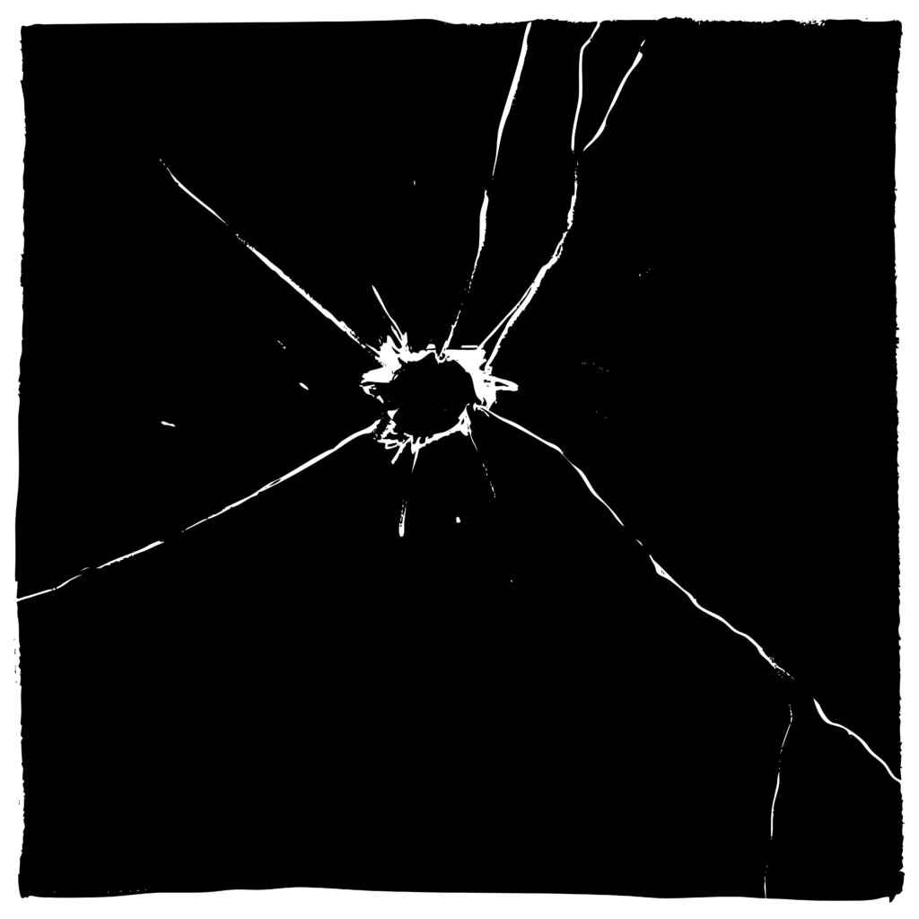 A black and white illustration of a bullet hole in glass, with cracks spreading out across the glass from the hole.