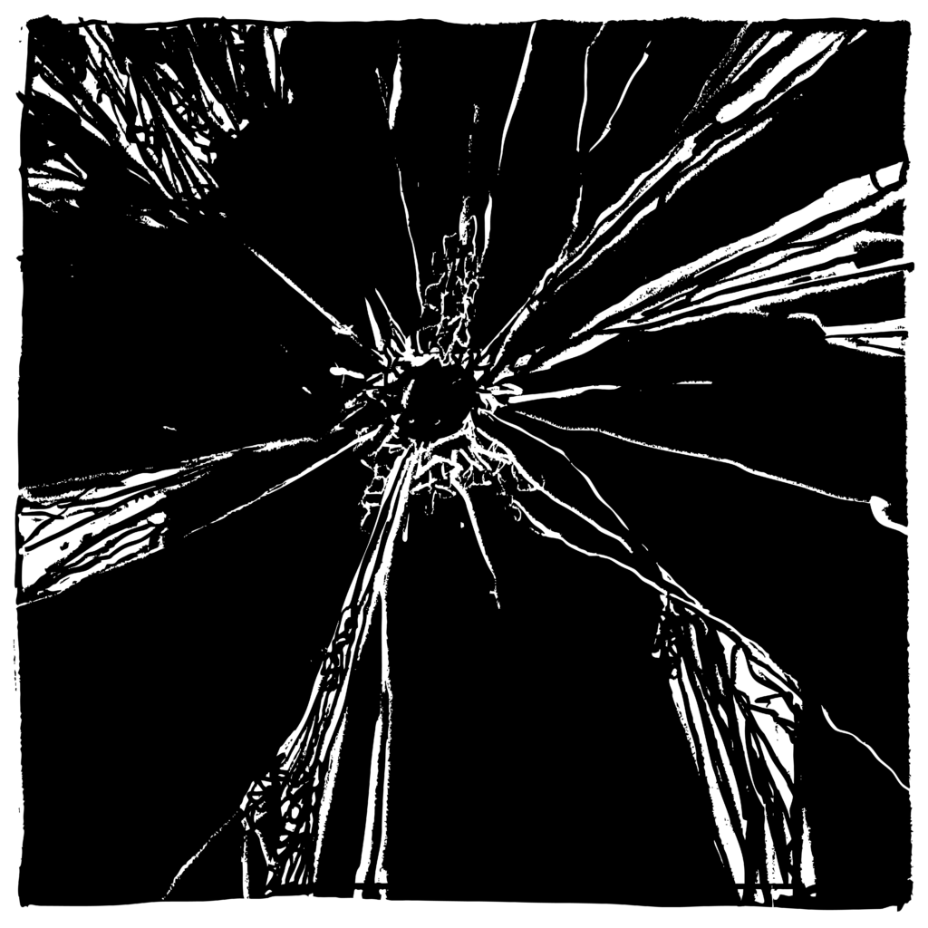 A black and white illustration of a bullet hole in glass, with many cracks spreading out across the glass from the hole.