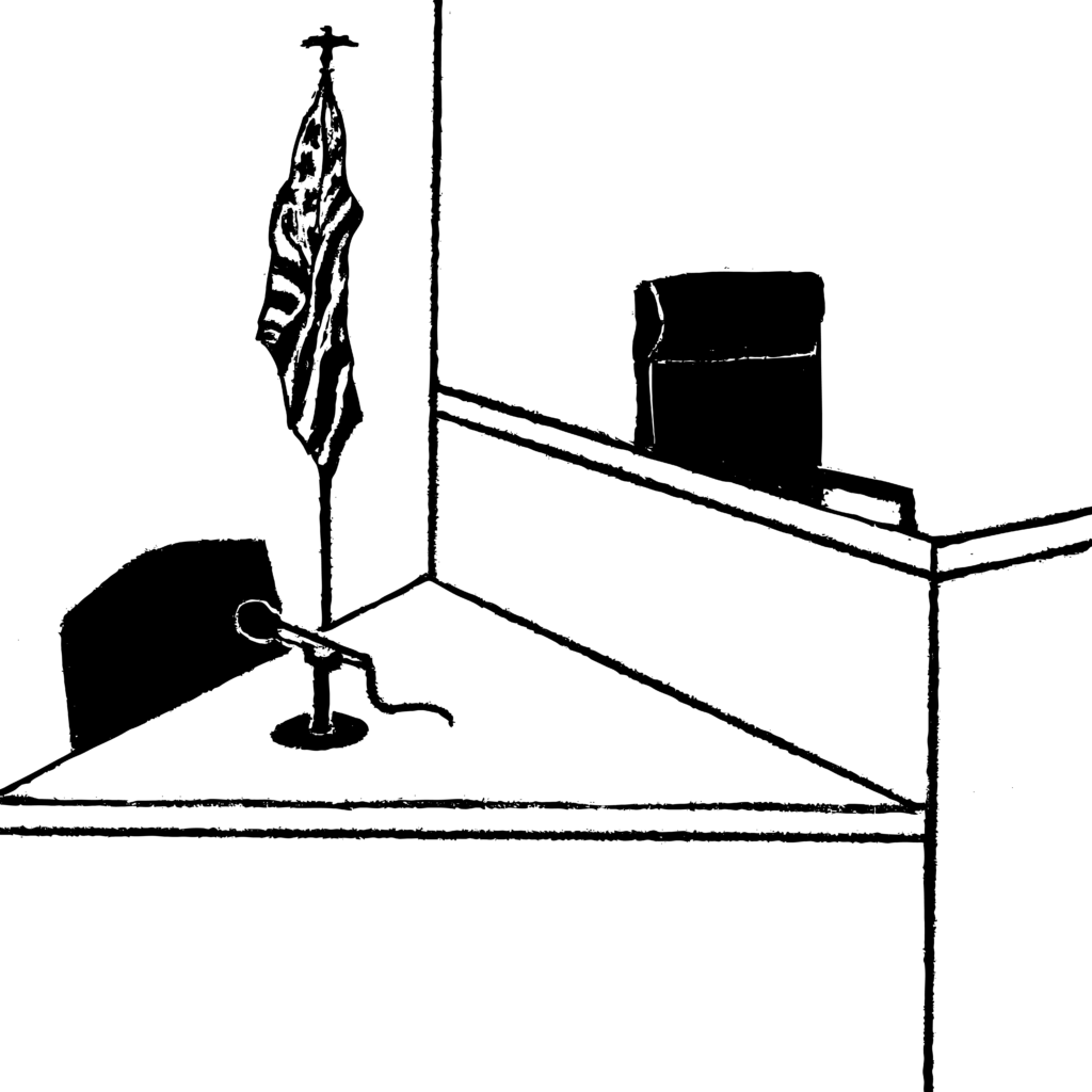 Black and white drawing of a witness stand in a courtroom.