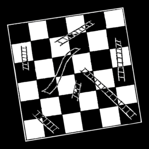 A black and white illustration of a checkered Chutes and Ladders board. There are six ladders connecting various squares across the board, as well as one chute going down.