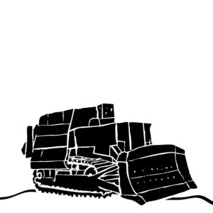 A black and white drawing of a large bulldozer, fortified to look like a tank.