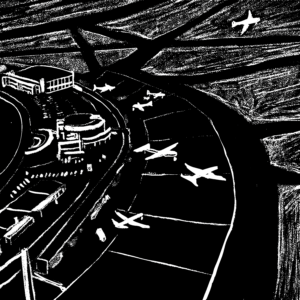 Black and white illustration of LaGuardia airport seen from above. Some airplanes are parked on the ground and one airplane is mid-air in take off.