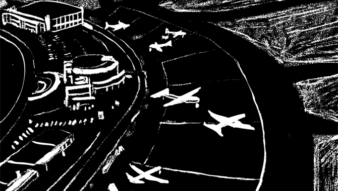 Black and white illustration of LaGuardia airport seen from above. Some airplanes are parked on the ground and one airplane is mid-air in take off.
